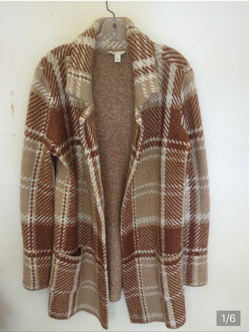 Cato Cozy Plaid Open Longline Cardigan - Camel & Cream - Picture 2 of 7